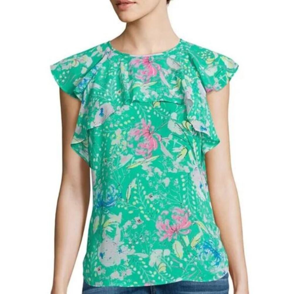 I Heart Ronson Womens Green Floral Flutter Sleeve Ruffle Blouse‎ Small